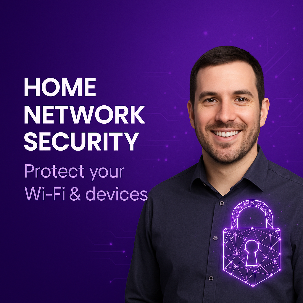 Home office desk with laptop representing secure home network configuration